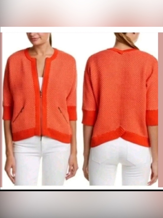 CAbi Sweaters - CAbi #195 Red/Orange Textured Zip-Front Short-Sleeve Cardigan